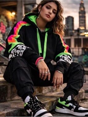 WISPR Womens Black Neon Stripe Leopard Print Silk Blend Knit Hoodie Sweater L